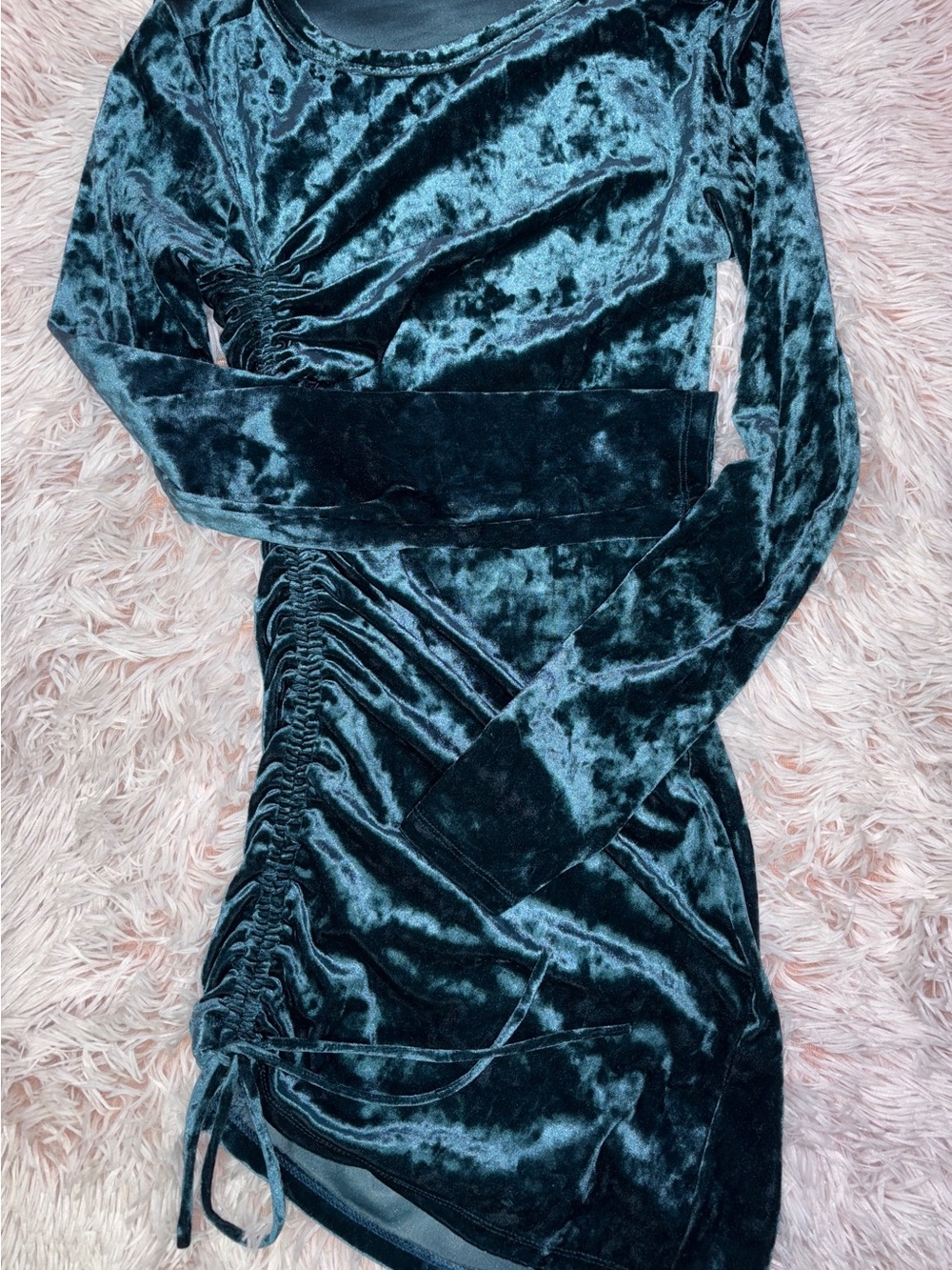 Crushed Velvet Long-Sleeve Ruched Mini Dress - Teal
